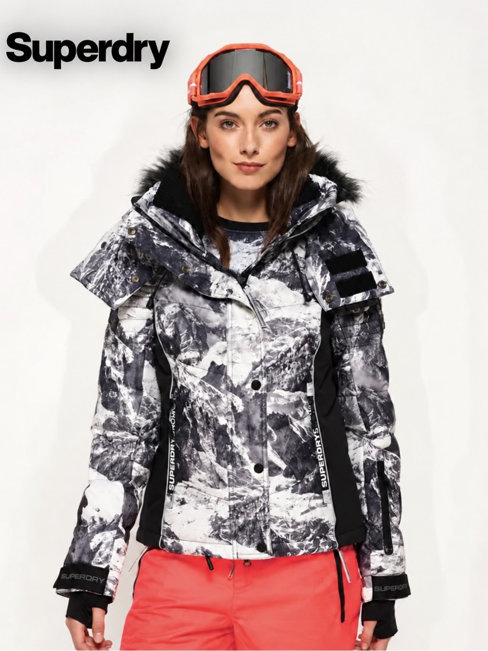 Superdry Snow Ski Edition V.3 Women’s Jacket Mountain Print Faux Fur L